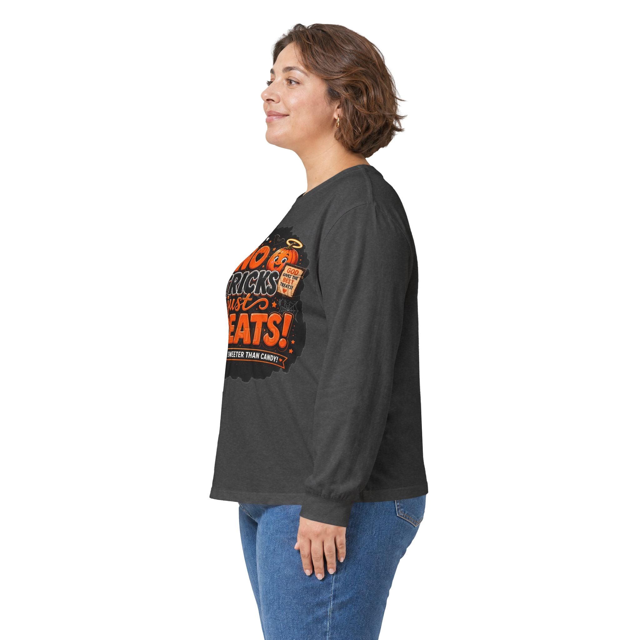 Halloween Long Sleeve Tee — "No Tricks Just Treats" Graphic Shirt