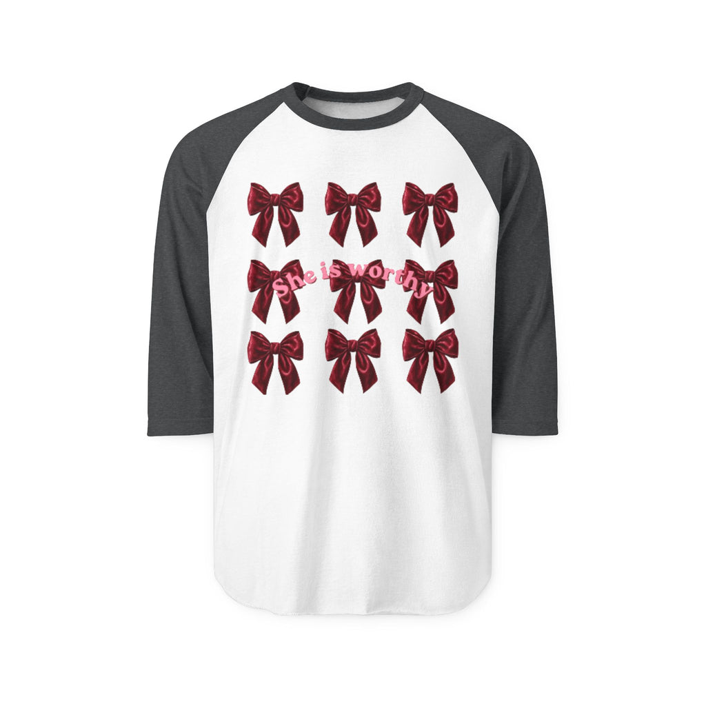 She Is Worthy Raglan Shirt – Empowerment Baseball Tee with Red Bows