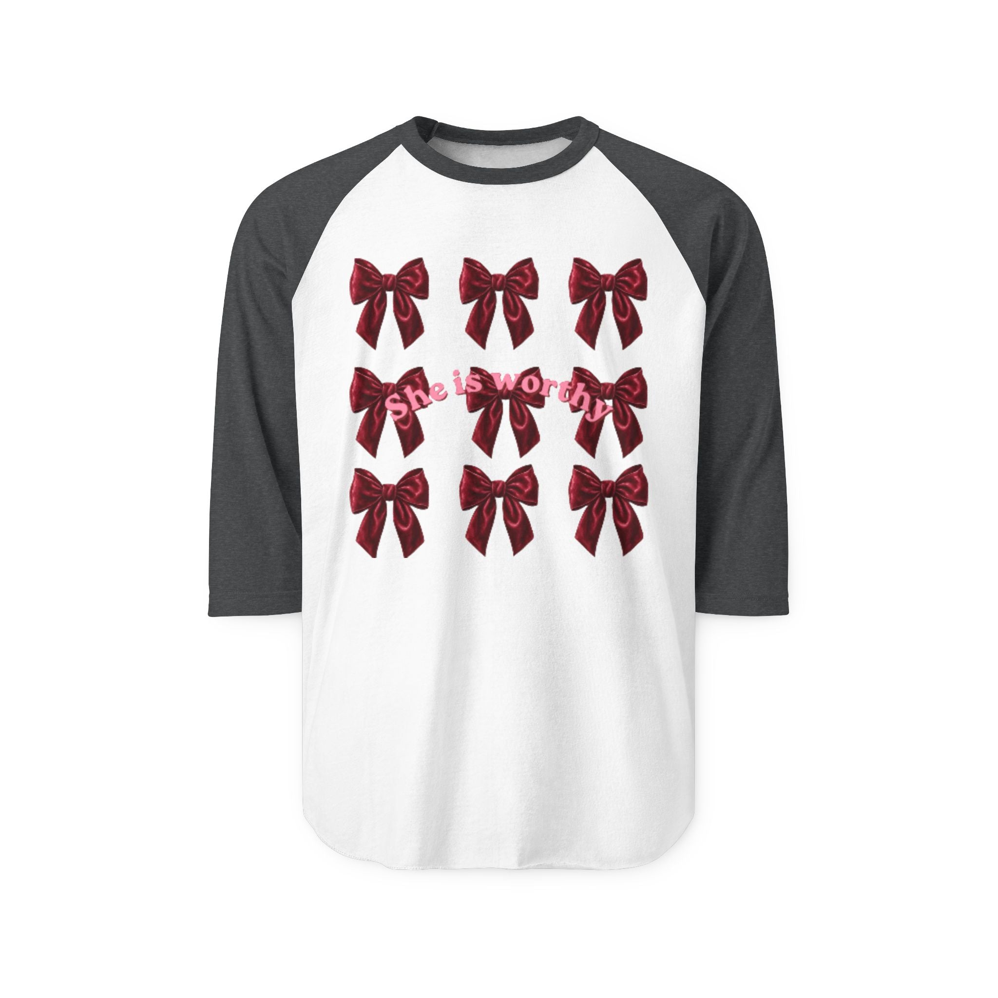 She Is Worthy Raglan Shirt – Empowerment Baseball Tee with Red Bows