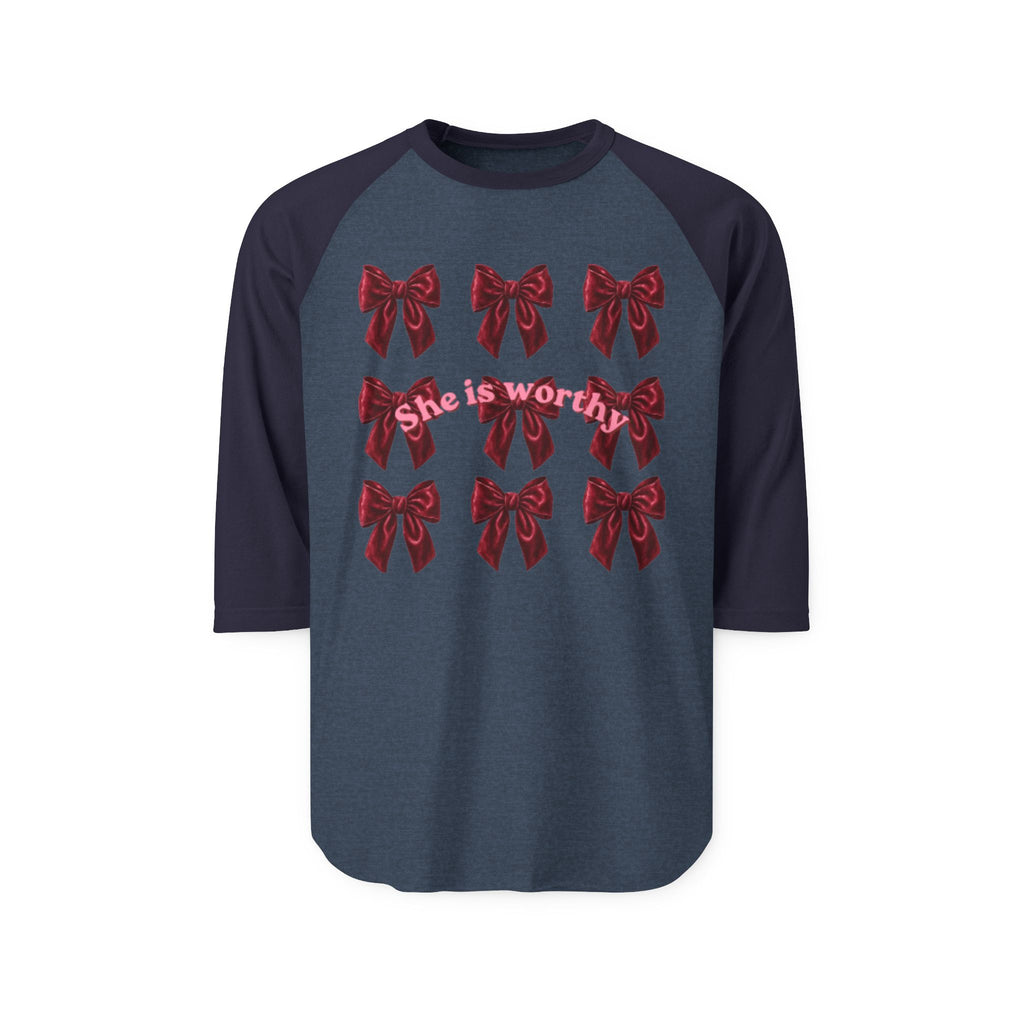 She Is Worthy Raglan Shirt – Empowerment Baseball Tee with Red Bows